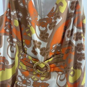Tahari Orange, Brown & Yellow Floral-Pattern Midi Dress